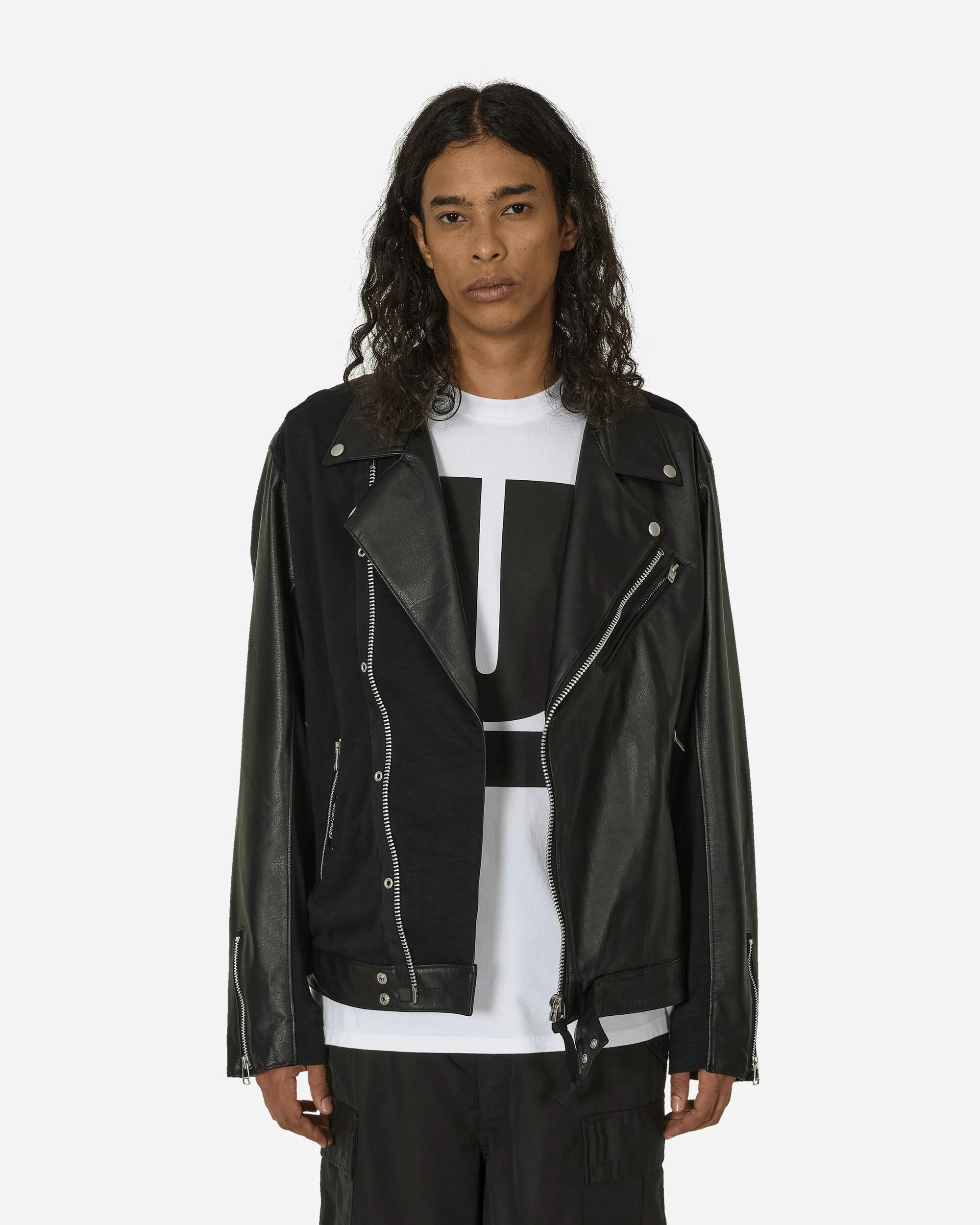 Slubs Plainstitch Mixed Leather Riders Jacket Black
