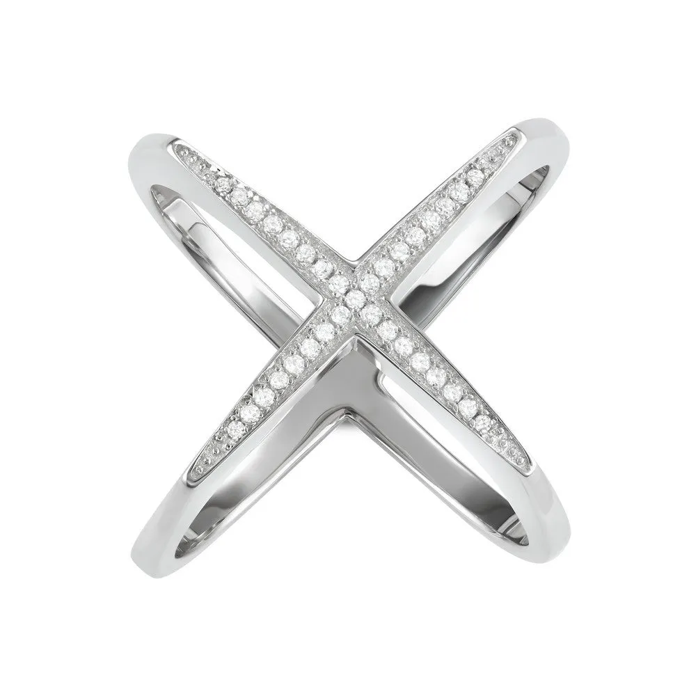 Sterling Silver CZ Wide Boxy X Ring - W-1630