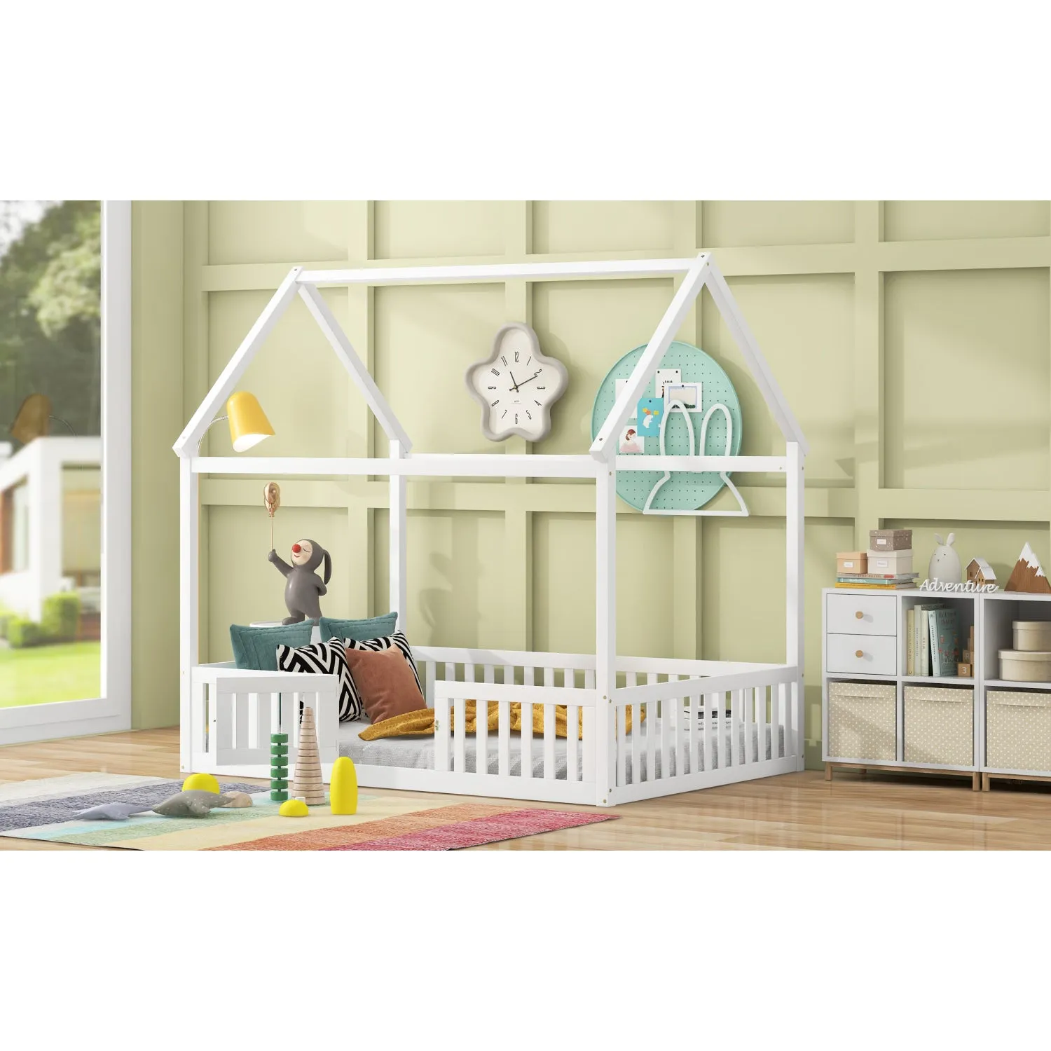 Streamdale Full Size Wood House Bed with Fence and Door