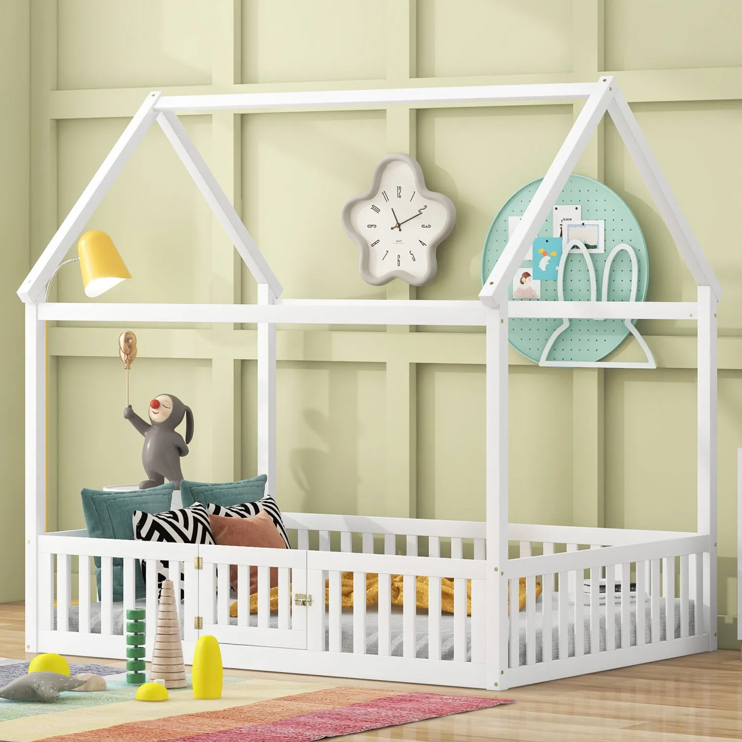 Streamdale Full Size Wood House Bed with Fence and Door