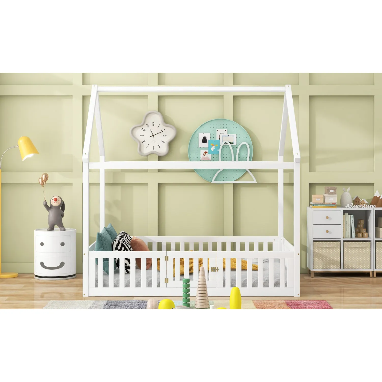 Streamdale Full Size Wood House Bed with Fence and Door