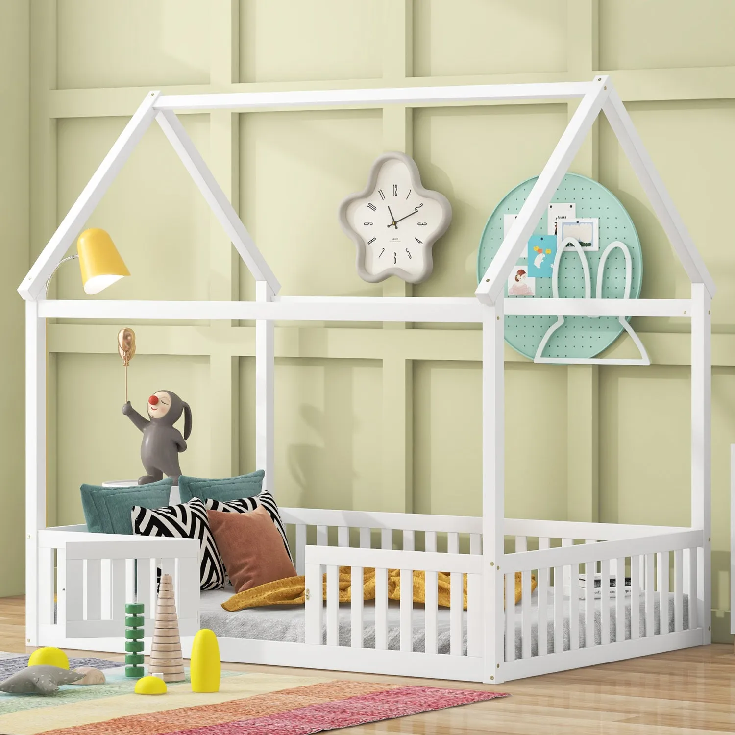 Streamdale Full Size Wood House Bed with Fence and Door