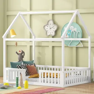 Streamdale Full Size Wood House Bed with Fence and Door