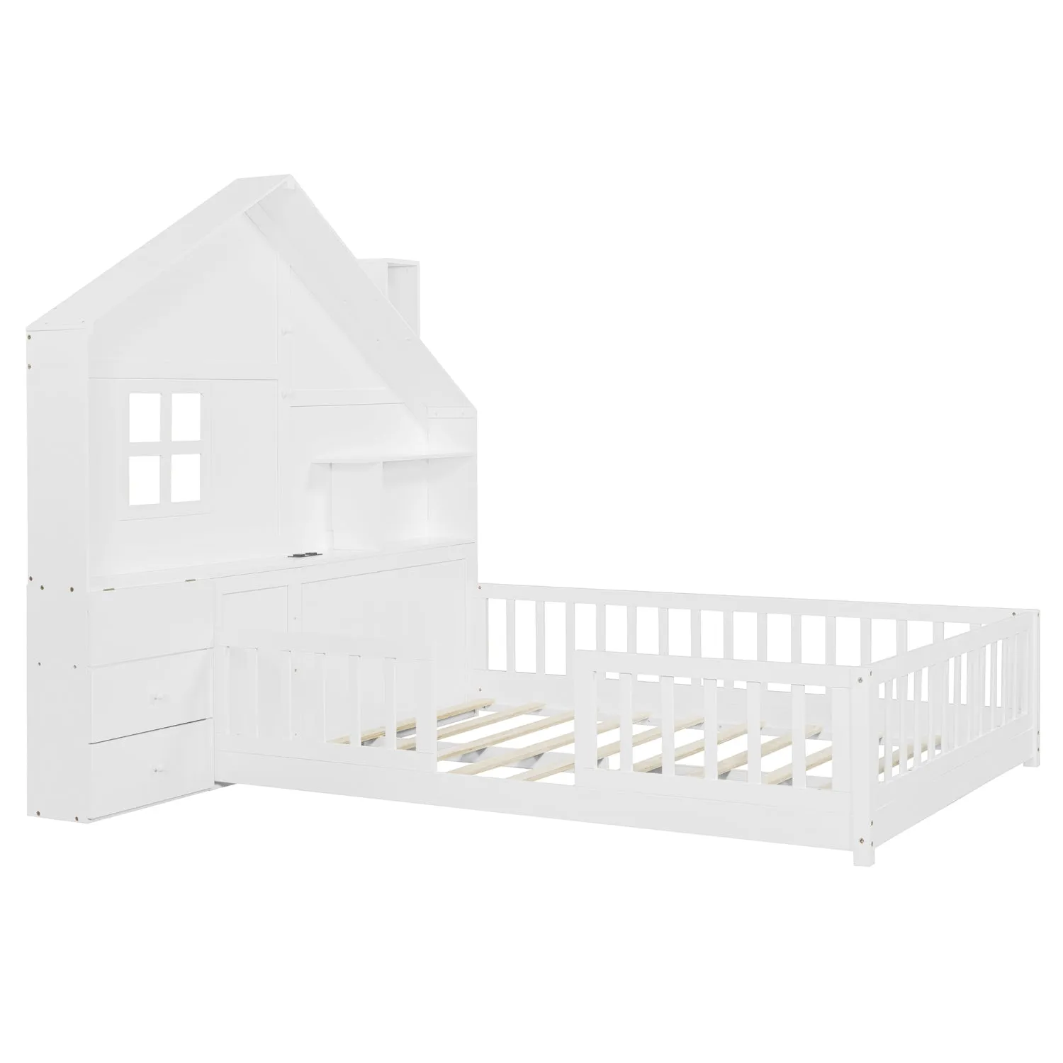Streamdale White House Bed with Window, Drawers, Shelves, USB Port