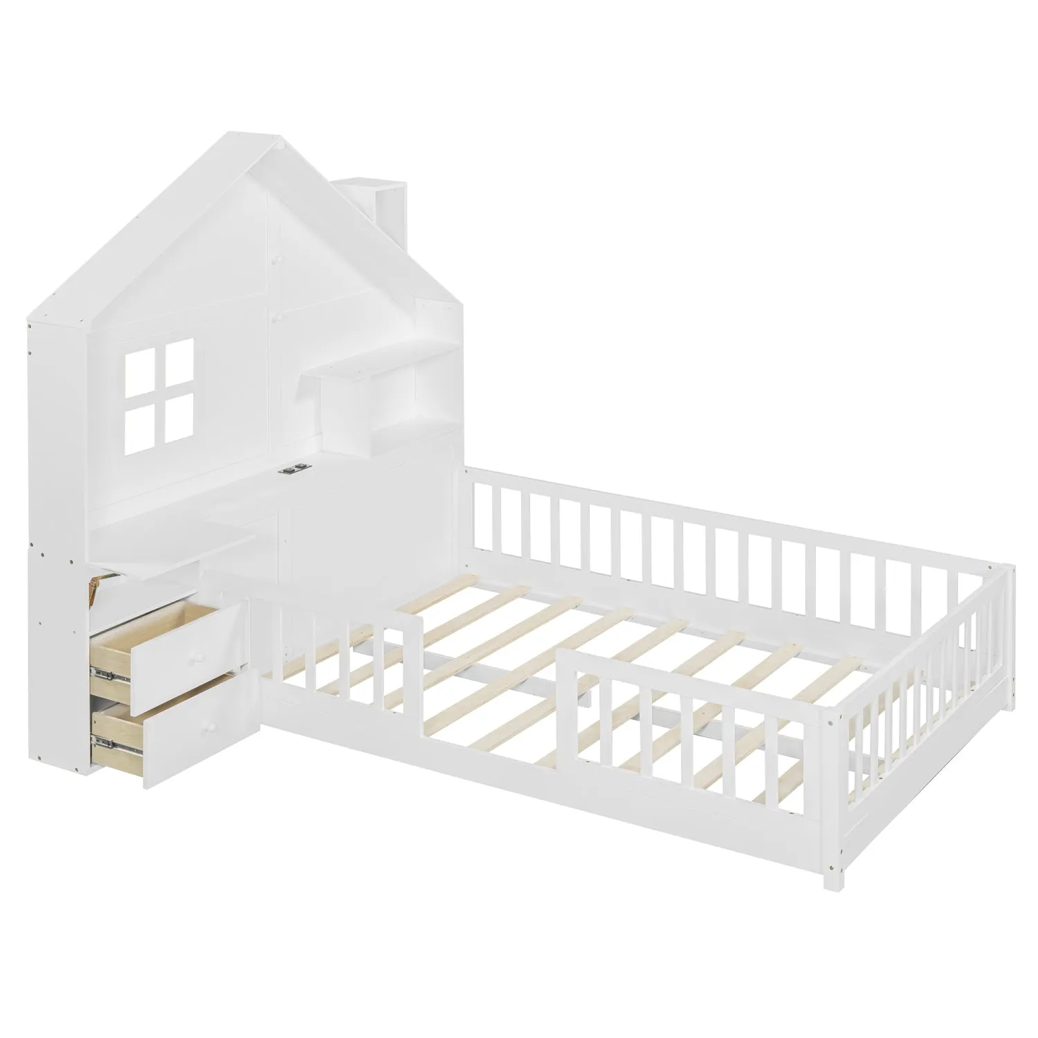 Streamdale White House Bed with Window, Drawers, Shelves, USB Port