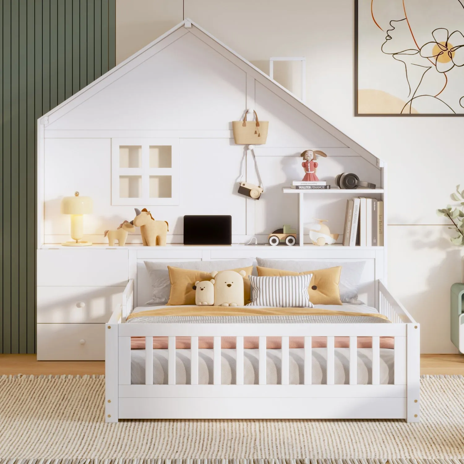 Streamdale White House Bed with Window, Drawers, Shelves, USB Port