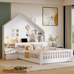 Streamdale White House Bed with Window, Drawers, Shelves, USB Port