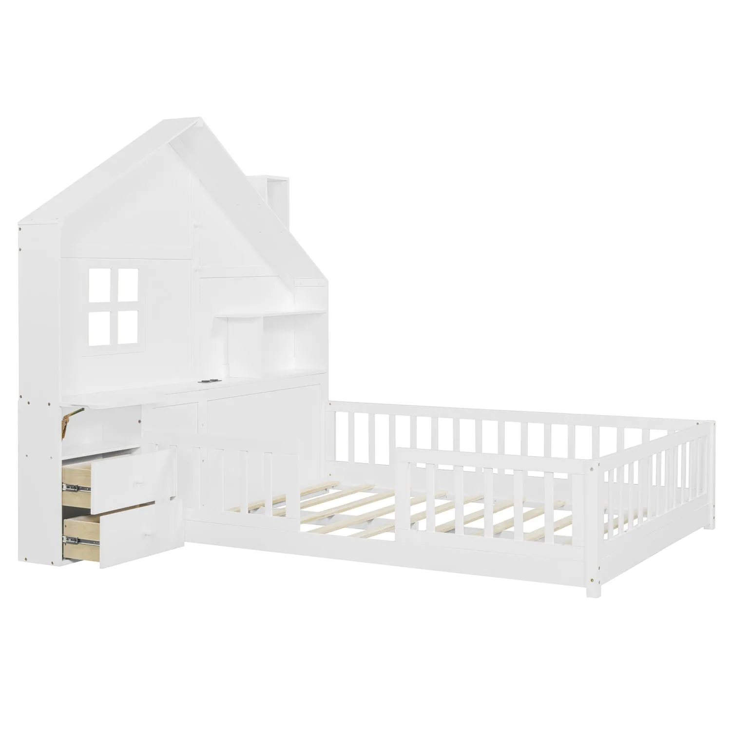 Streamdale White House Bed with Window, Drawers, Shelves, USB Port