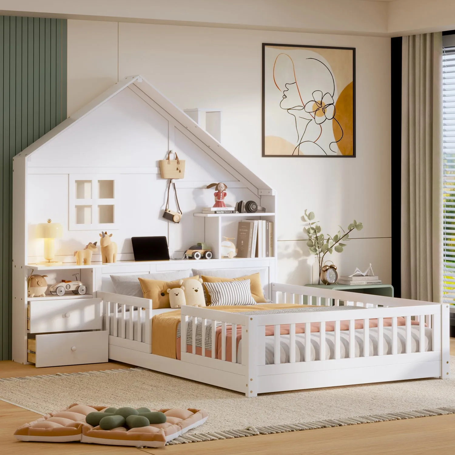 Streamdale White House Bed with Window, Drawers, Shelves, USB Port