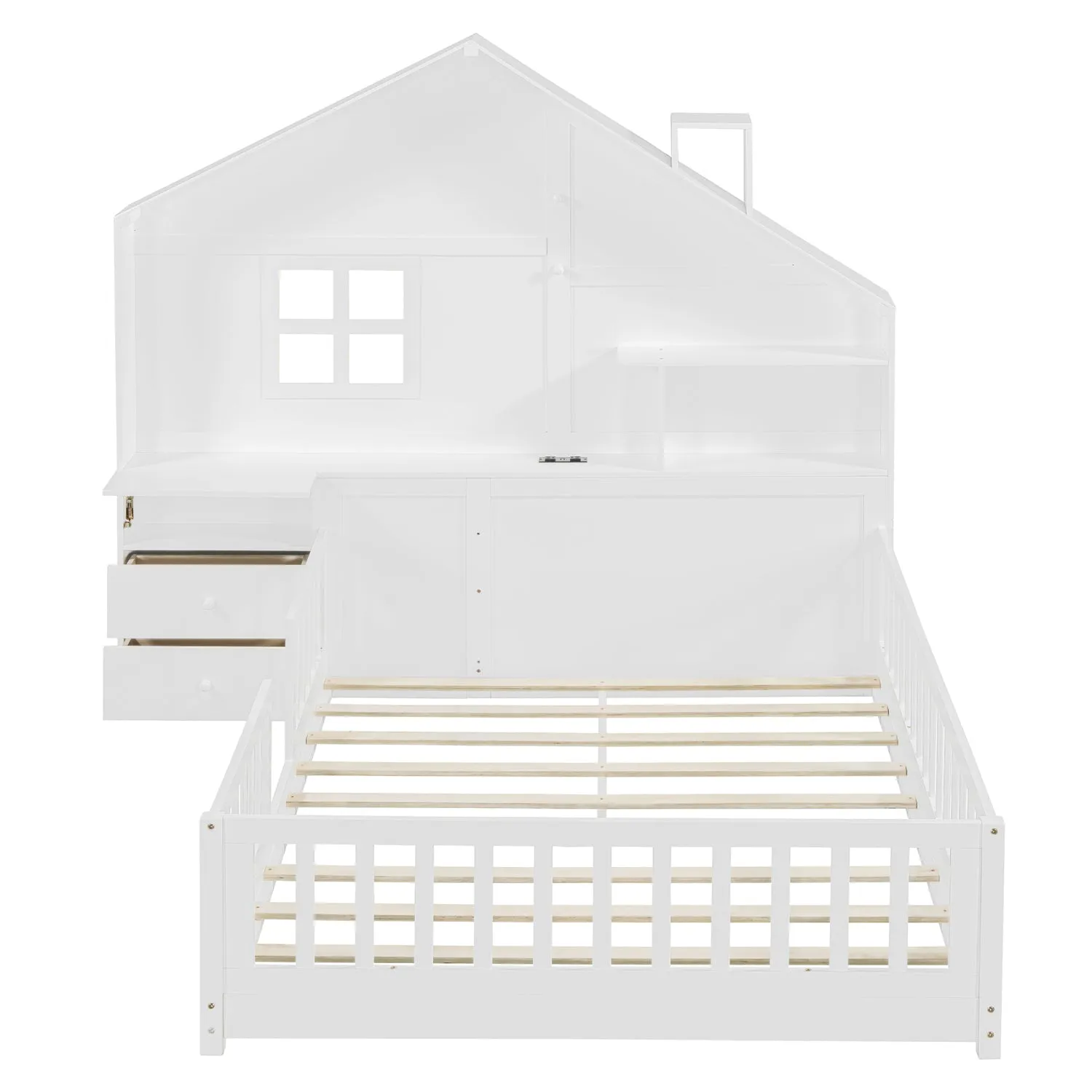 Streamdale White House Bed with Window, Drawers, Shelves, USB Port