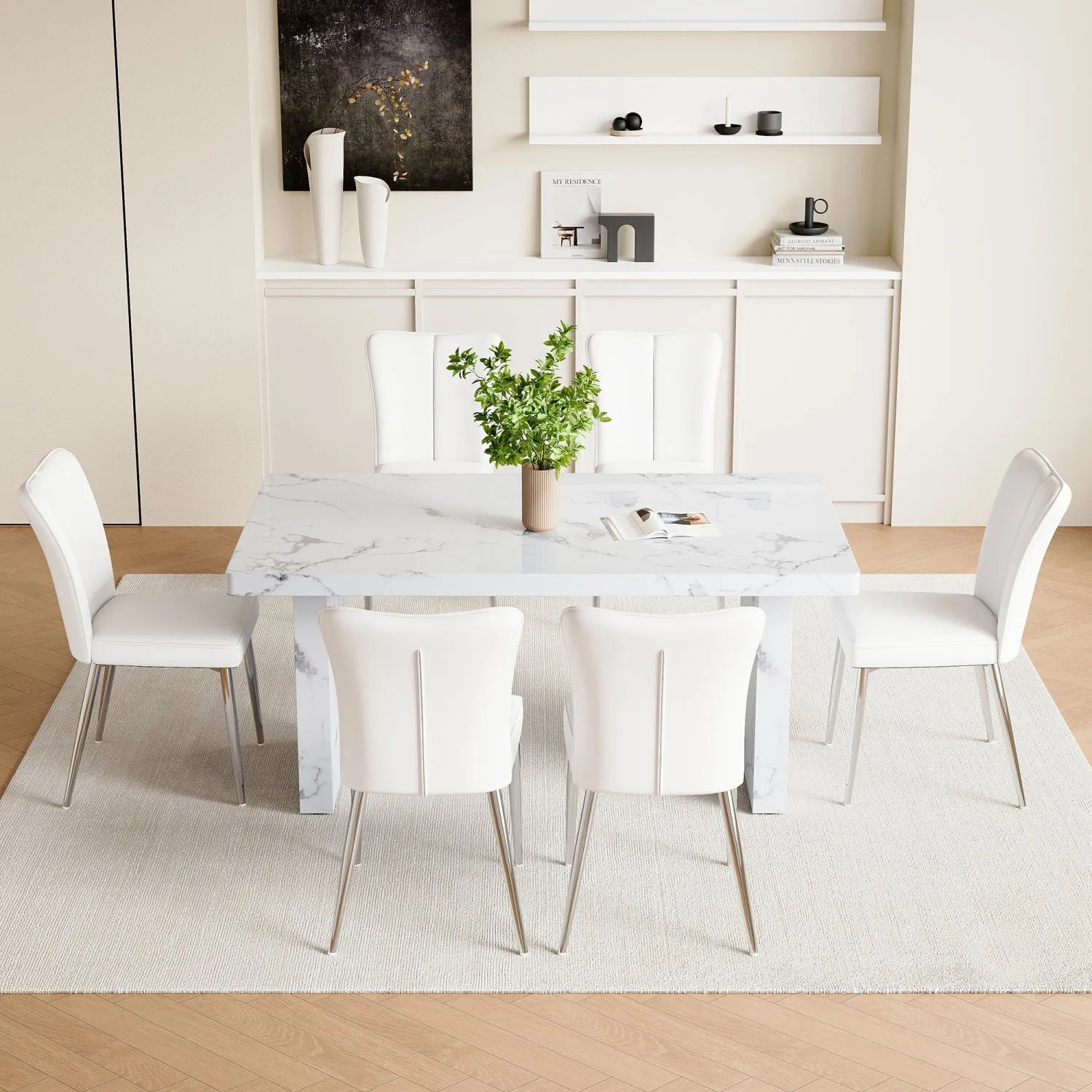 Streamdale White Marble Dining Set with PU Chairs