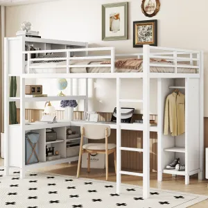 Streamdale White Metal Loft Bed with Wardrobe, Desk & Storage