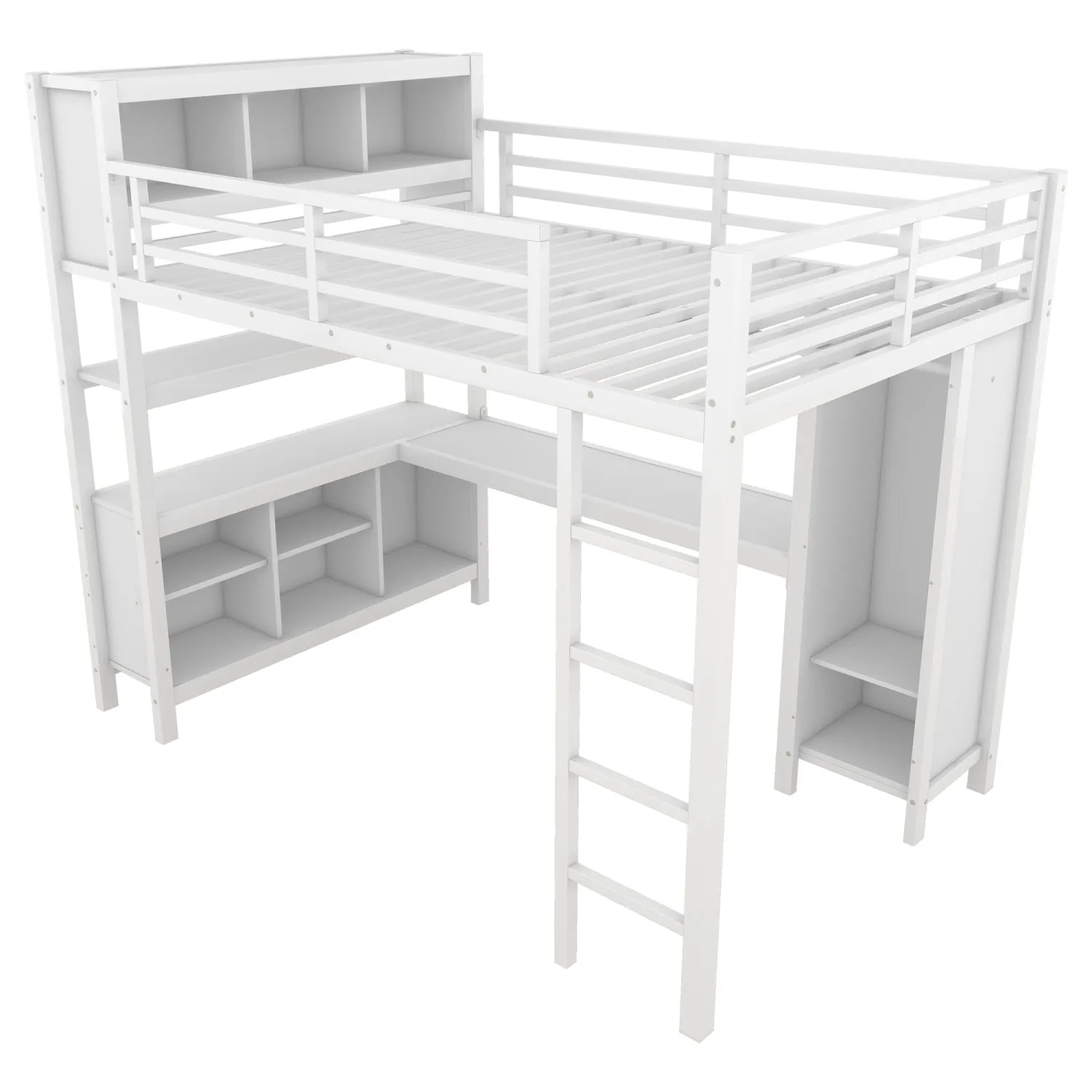 Streamdale White Metal Loft Bed with Wardrobe, Desk & Storage