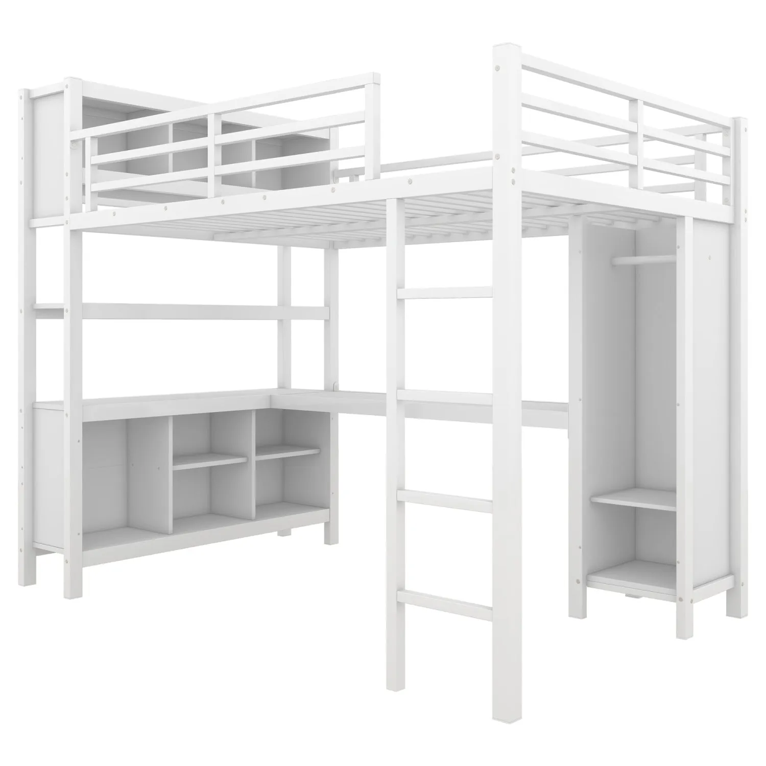 Streamdale White Metal Loft Bed with Wardrobe, Desk & Storage