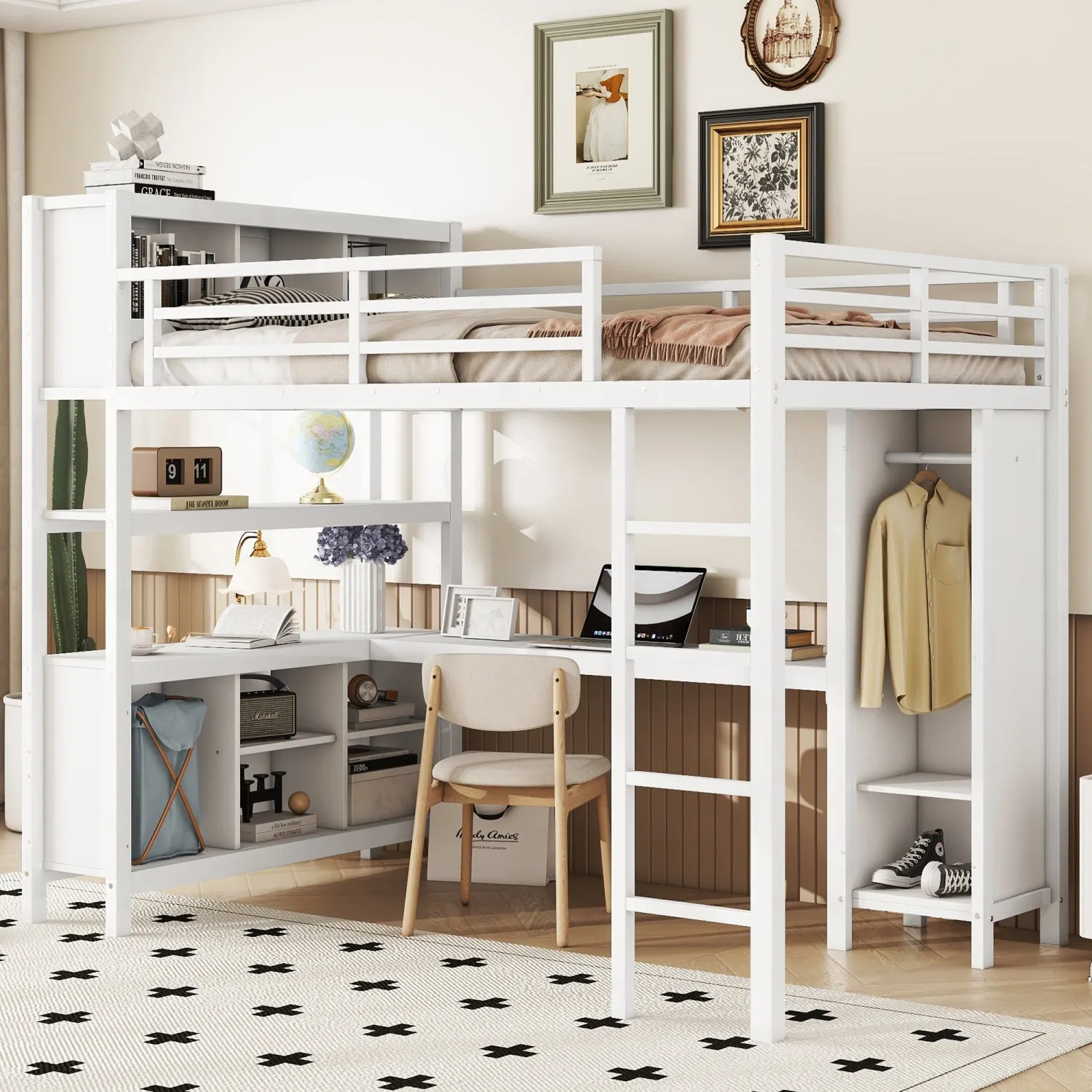 Streamdale White Metal Loft Bed with Wardrobe, Desk & Storage