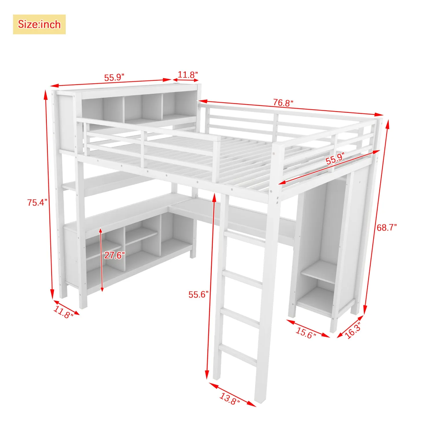 Streamdale White Metal Loft Bed with Wardrobe, Desk & Storage