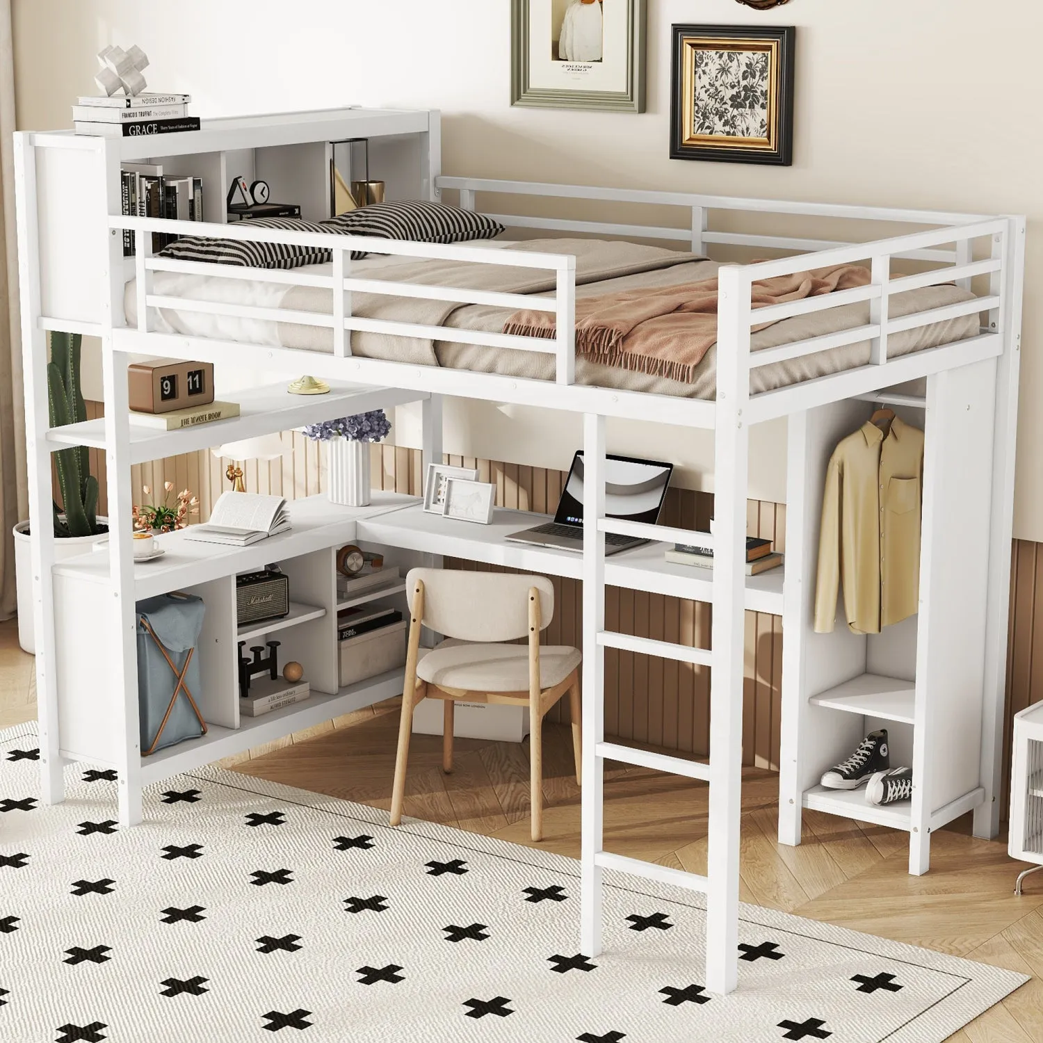 Streamdale White Metal Loft Bed with Wardrobe, Desk & Storage