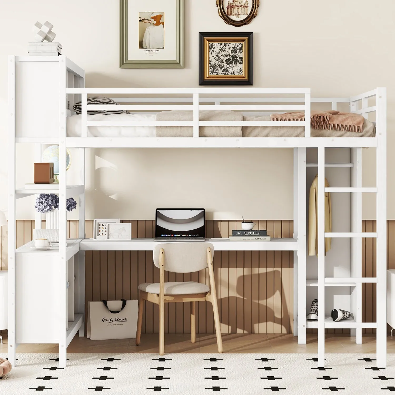 Streamdale White Metal Loft Bed with Wardrobe, Desk & Storage