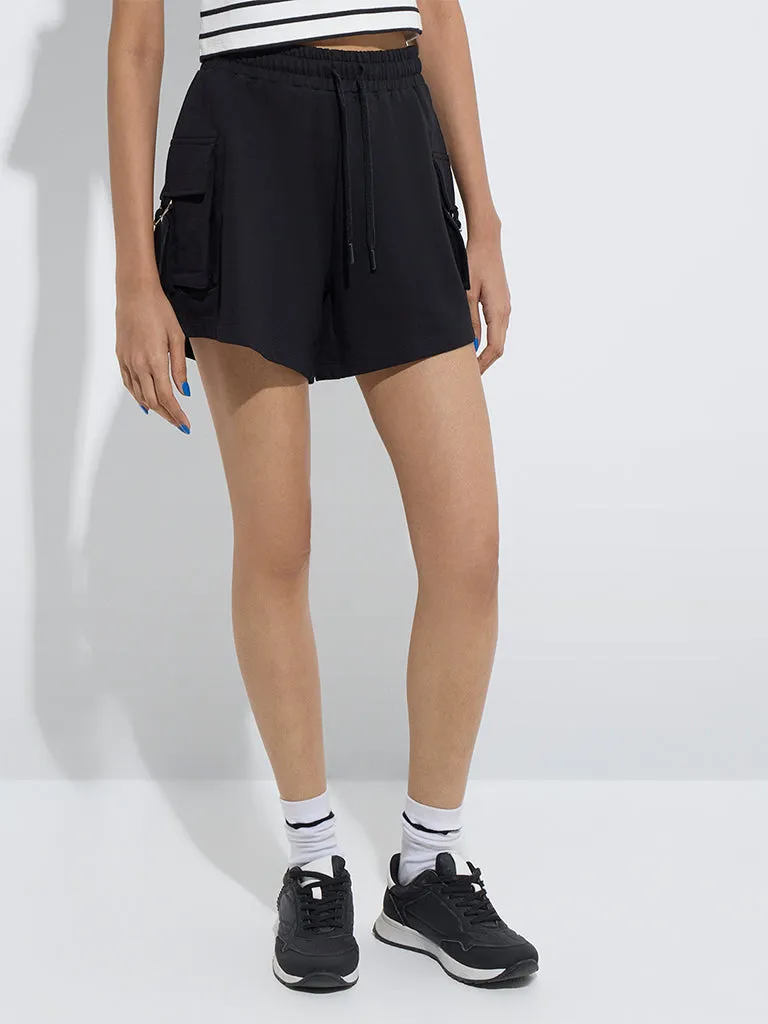 Studiofit Black High-Rise Cotton-Blend Shorts