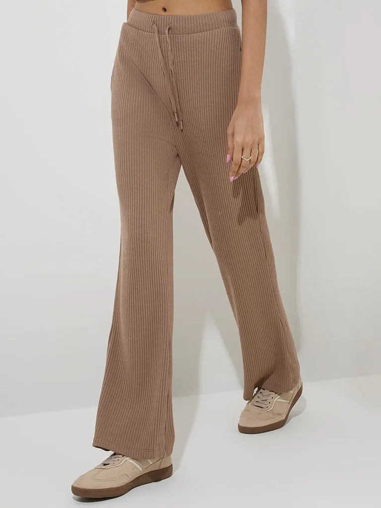 Studiofit Taupe Ribbed-Textured High-Rise Track Pants