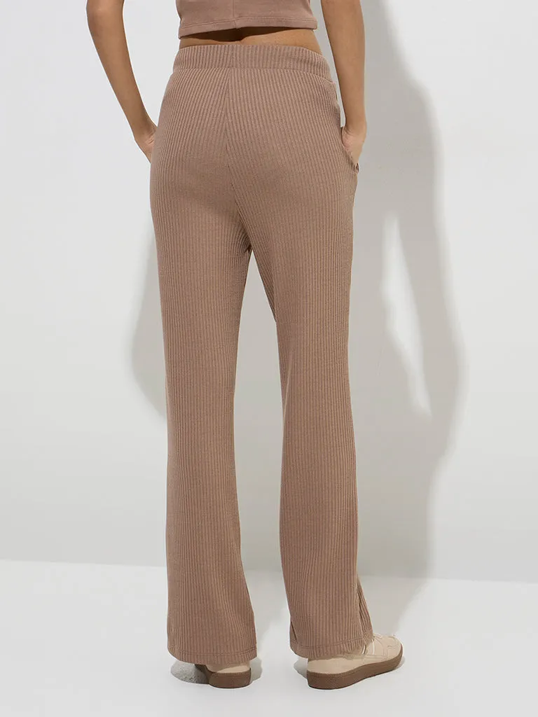 Studiofit Taupe Ribbed-Textured High-Rise Track Pants