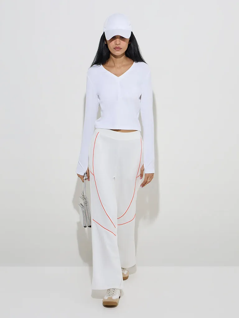 Studiofit White Ribbed-Textured High-Rise Track Pants