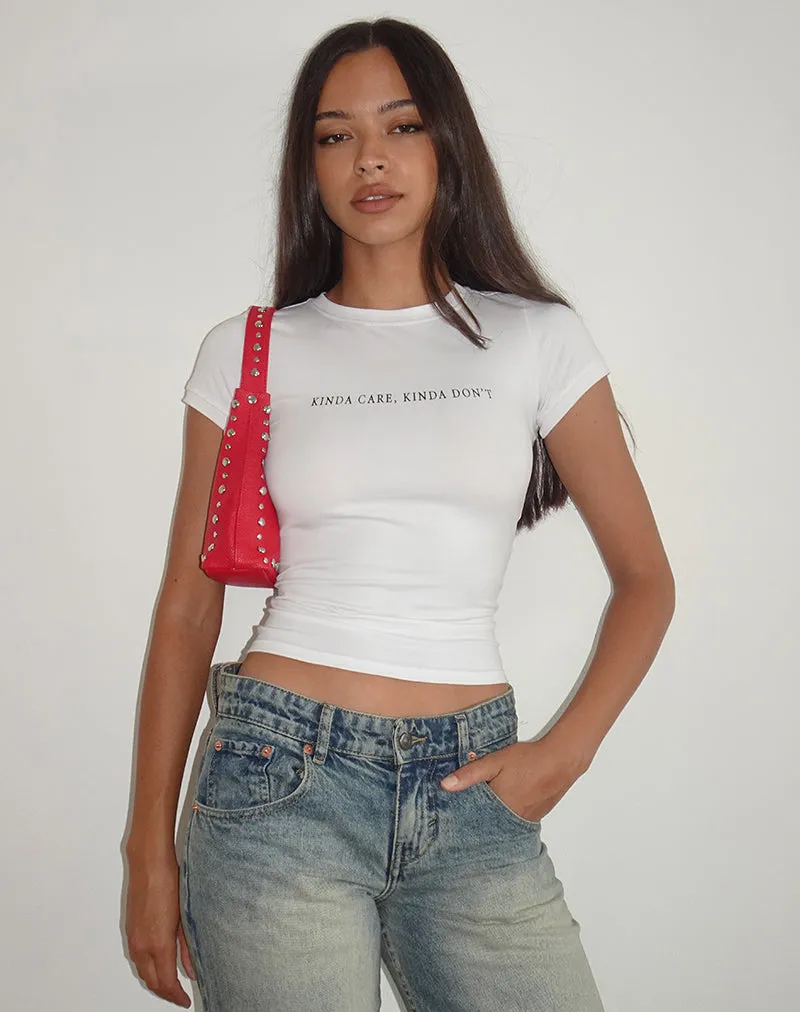 Sutin Top in White with Kinda Care Kinda Don't Graphic