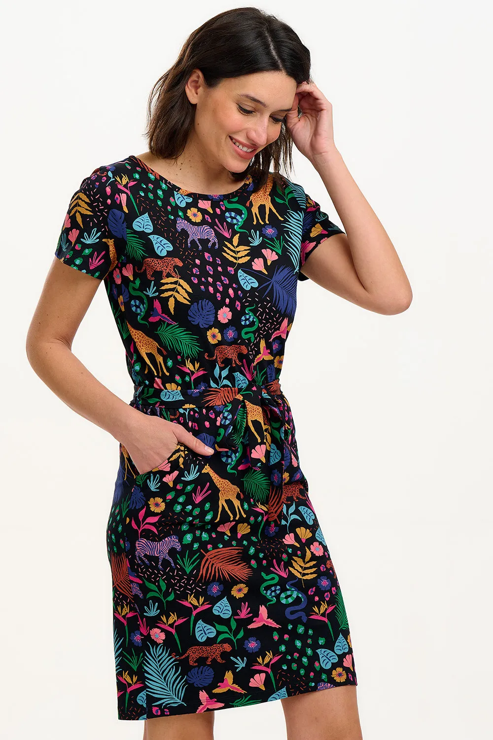 Terri Jersey Mini Dress - Black/Multi. Jungle Spirit