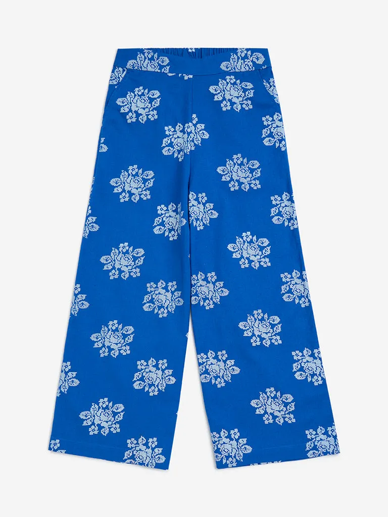 Utsa Kids Blue Floral Cotton-Blend Ethnic Pants 8-14 years