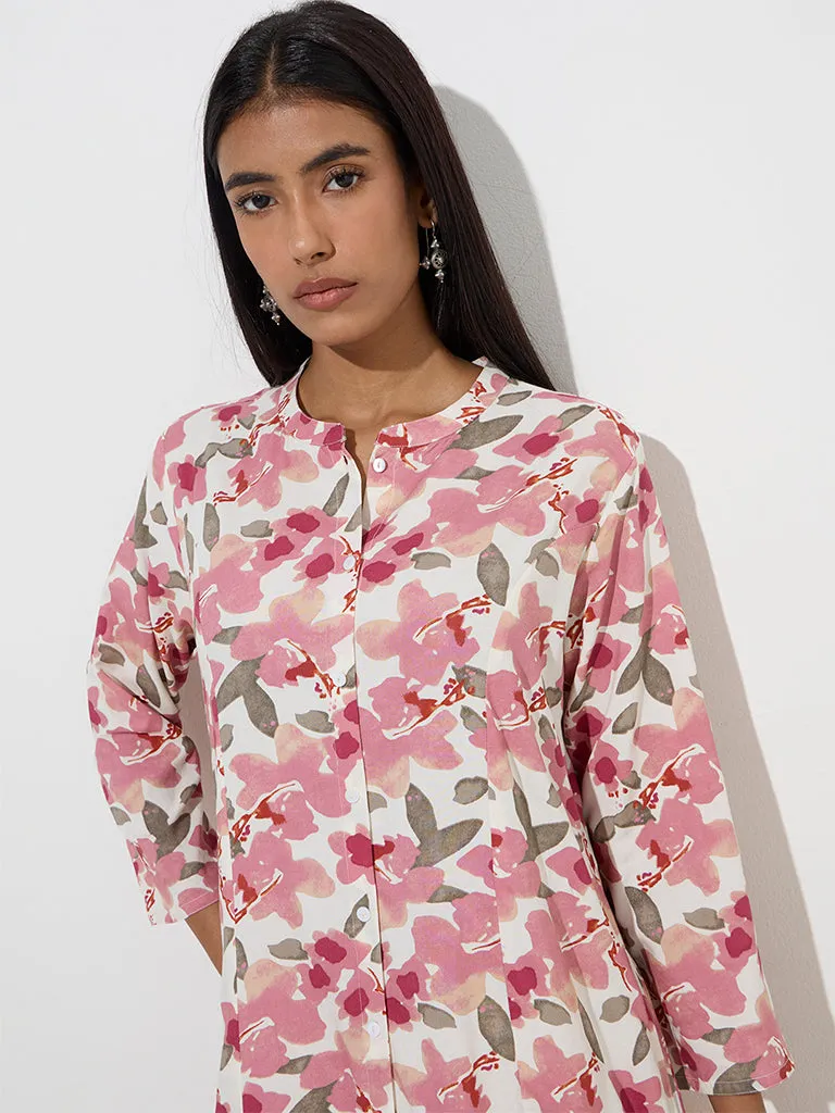 Utsa Pink Floral Printed A-Line Kurta
