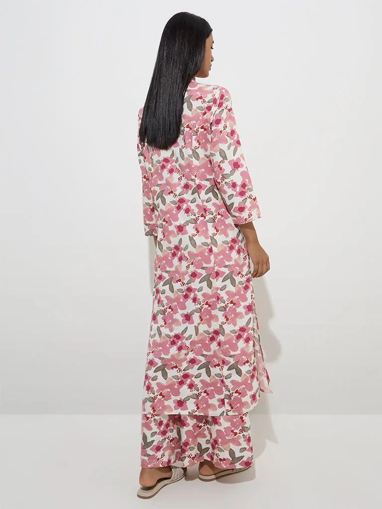 Utsa Pink Floral Printed A-Line Kurta