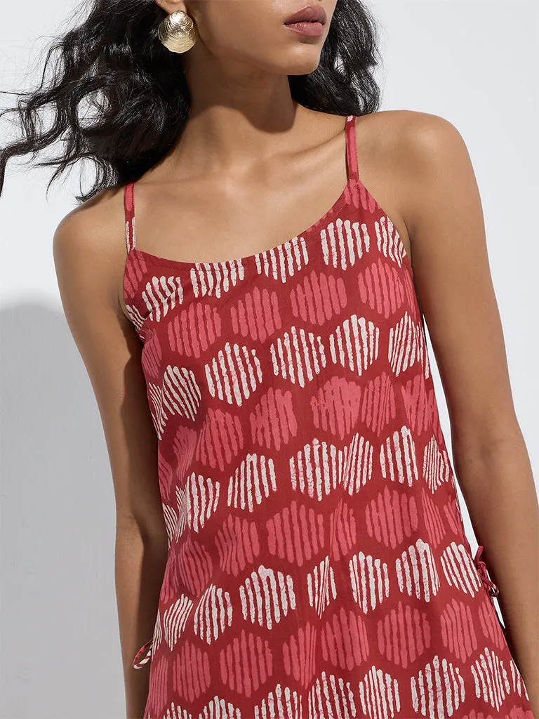 Utsa Red Geometric Printed A-Line Cotton Kurta