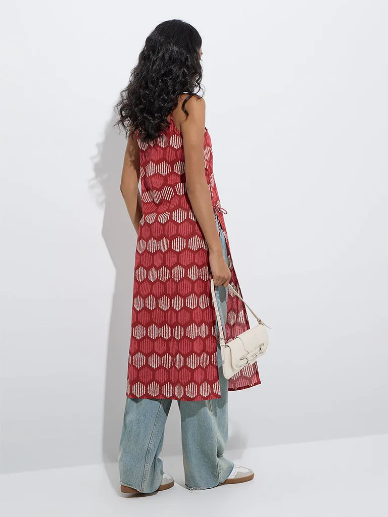 Utsa Red Geometric Printed A-Line Cotton Kurta