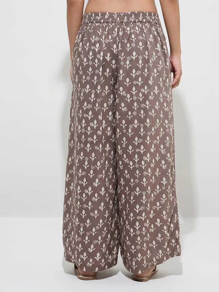 Utsa Taupe Botanical Pattern Palazzos