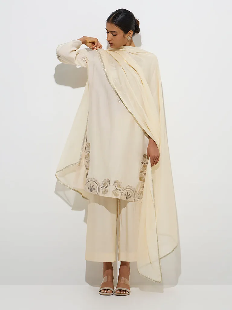 Vark Beige Floral Straight Kurta. Palazzos and Dupatta Set