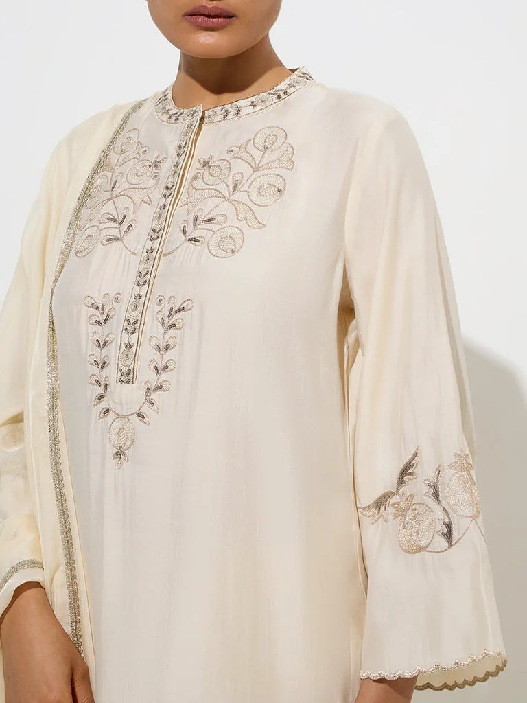 Vark Beige Floral Straight Kurta. Palazzos and Dupatta Set