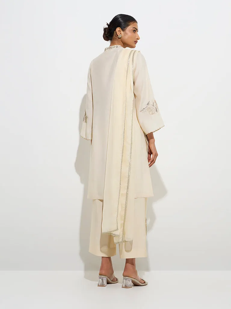 Vark Beige Floral Straight Kurta. Palazzos and Dupatta Set