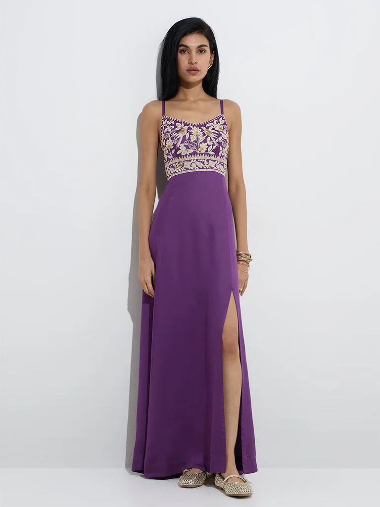 Vark Purple Floral Embroidered A-Line Dress
