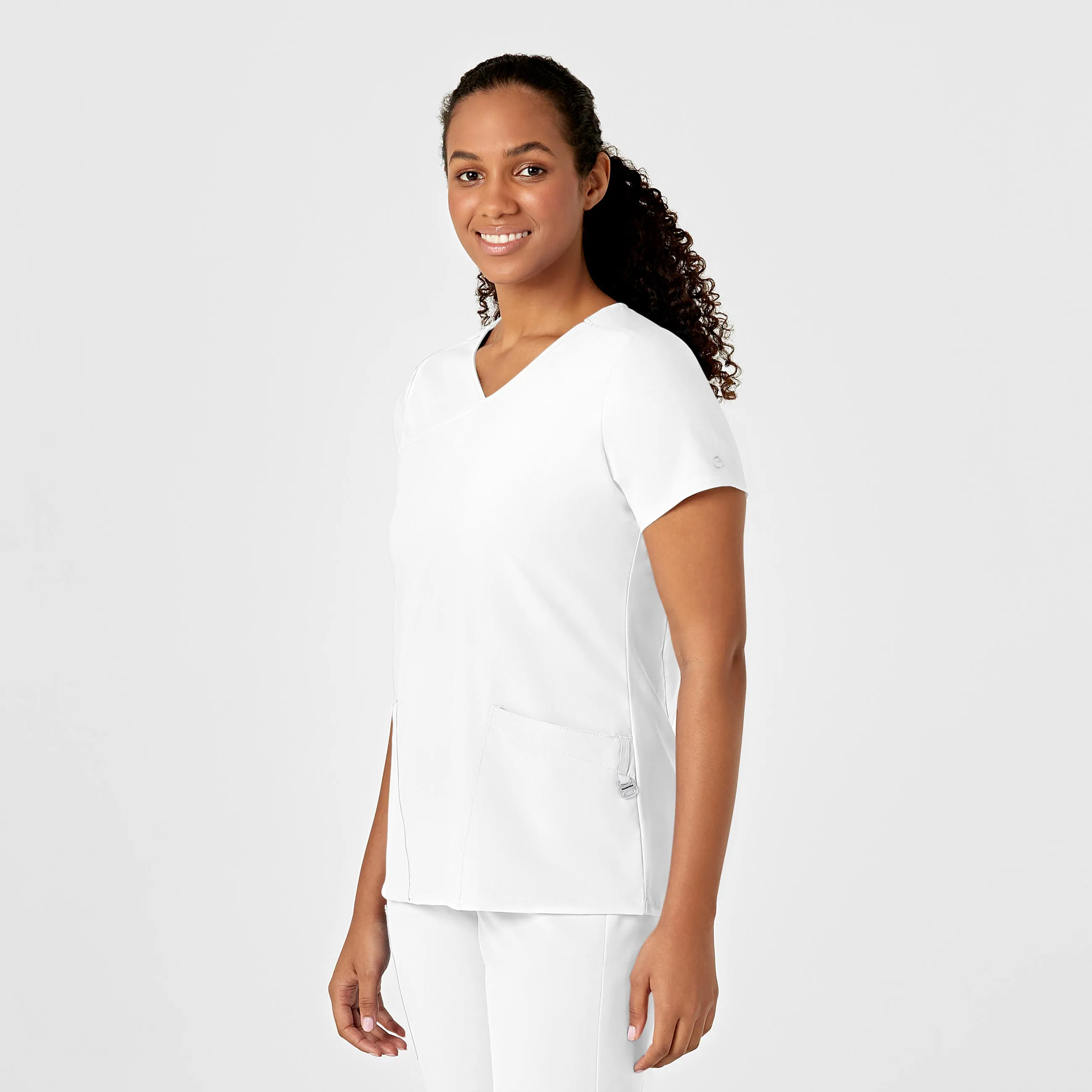 W123 Women's Y-Neck Wrap Scrub Top - White