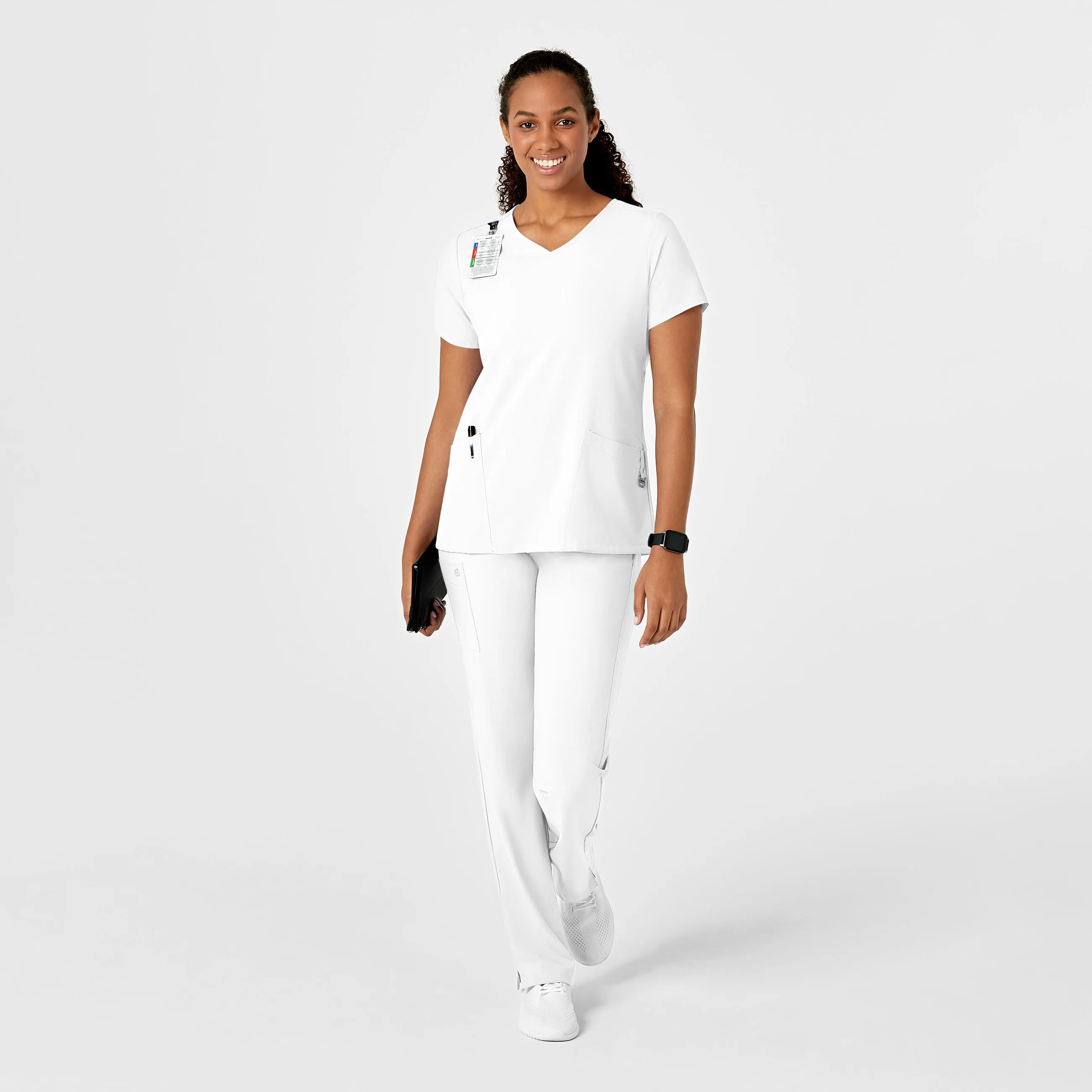 W123 Women's Y-Neck Wrap Scrub Top - White