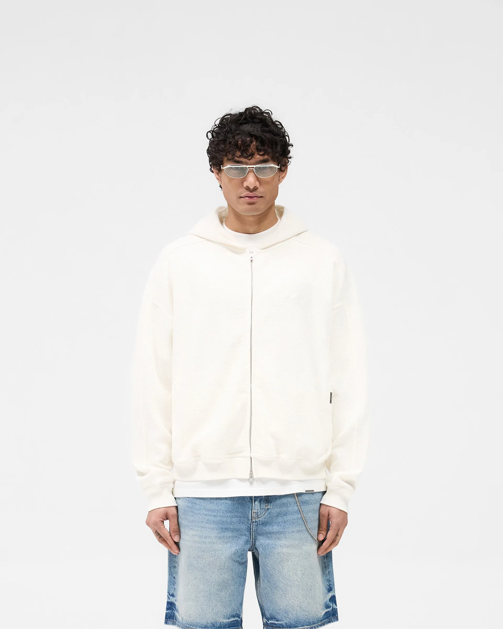 Waffle Zip Through Hoodie - Flat White
