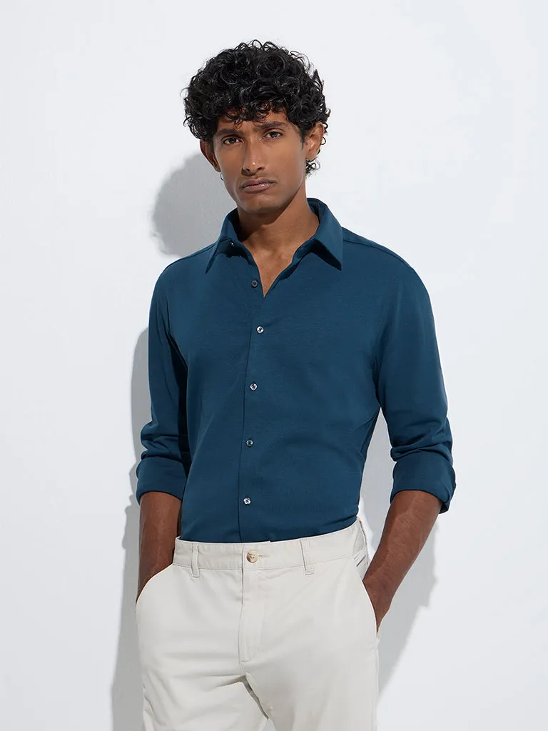 WES Formals Dark Teal Solid Slim-Fit Cotton-Blend Shirt