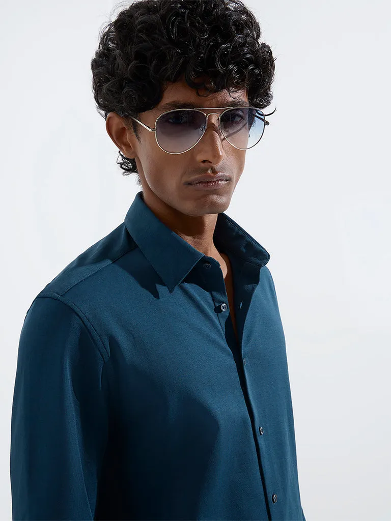 WES Formals Dark Teal Solid Slim-Fit Cotton-Blend Shirt