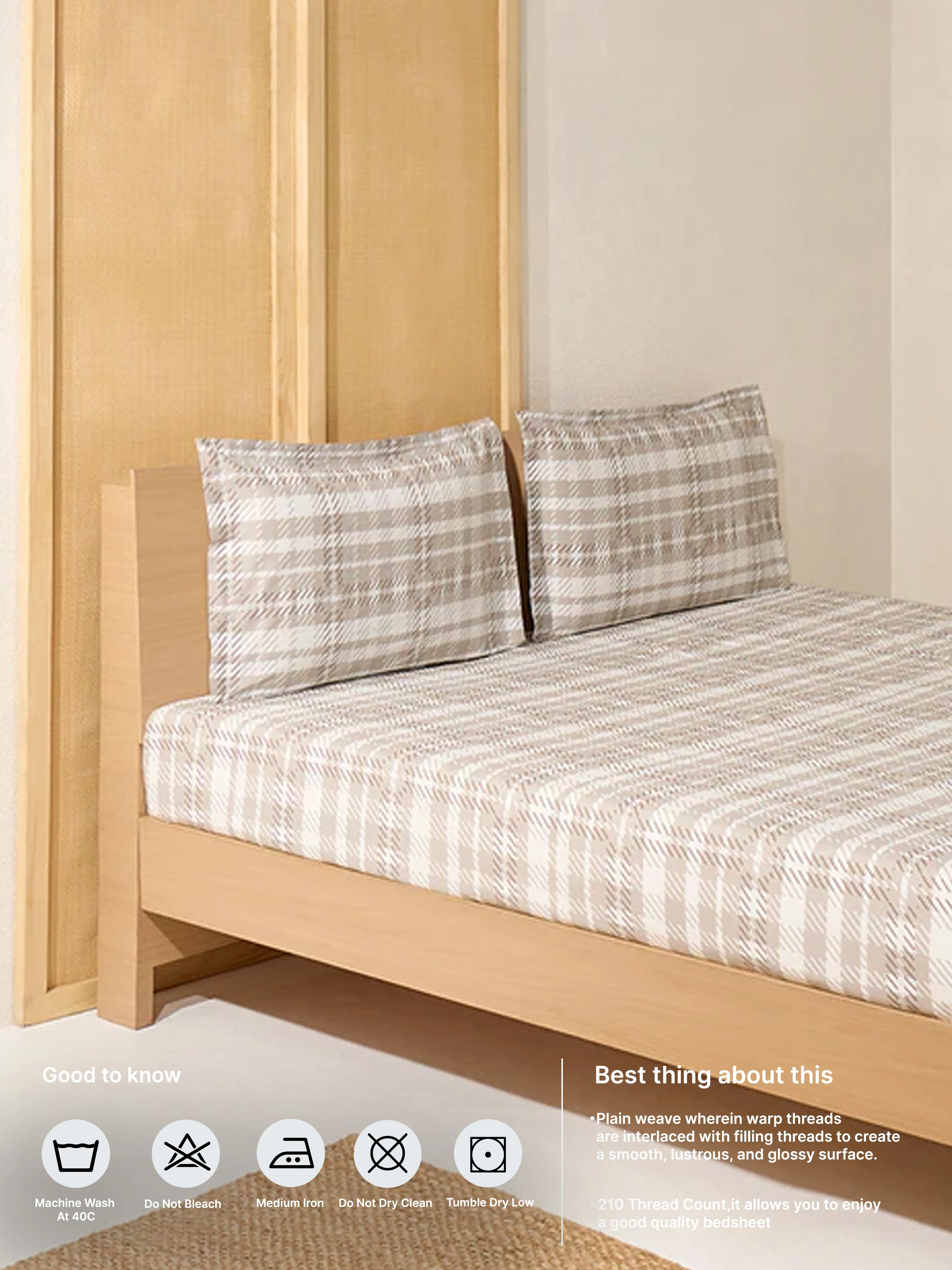 Westside Home Beige Checkered Queen Bed Flat Sheet and Pillowcase Set