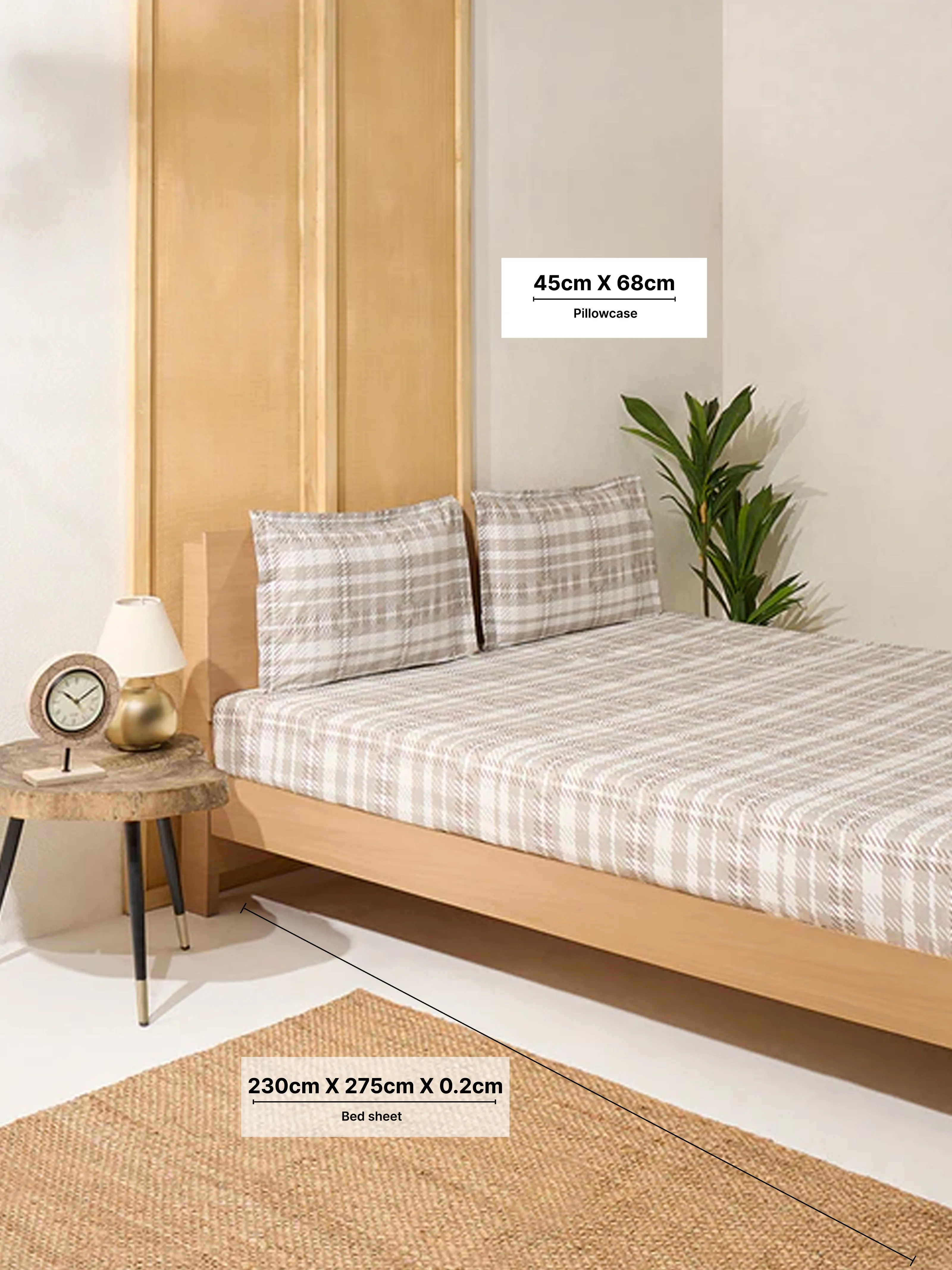 Westside Home Beige Checkered Queen Bed Flat Sheet and Pillowcase Set