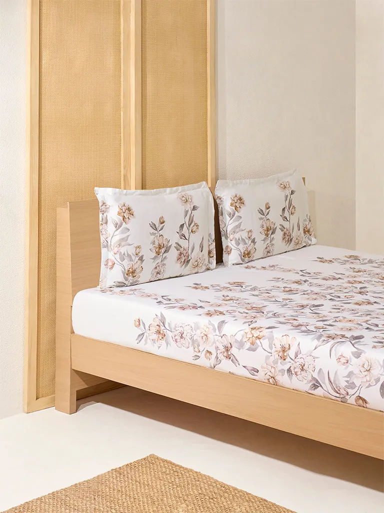 Westside Home Beige Floral Design King Bed Flat Sheet and Pillowcase Set