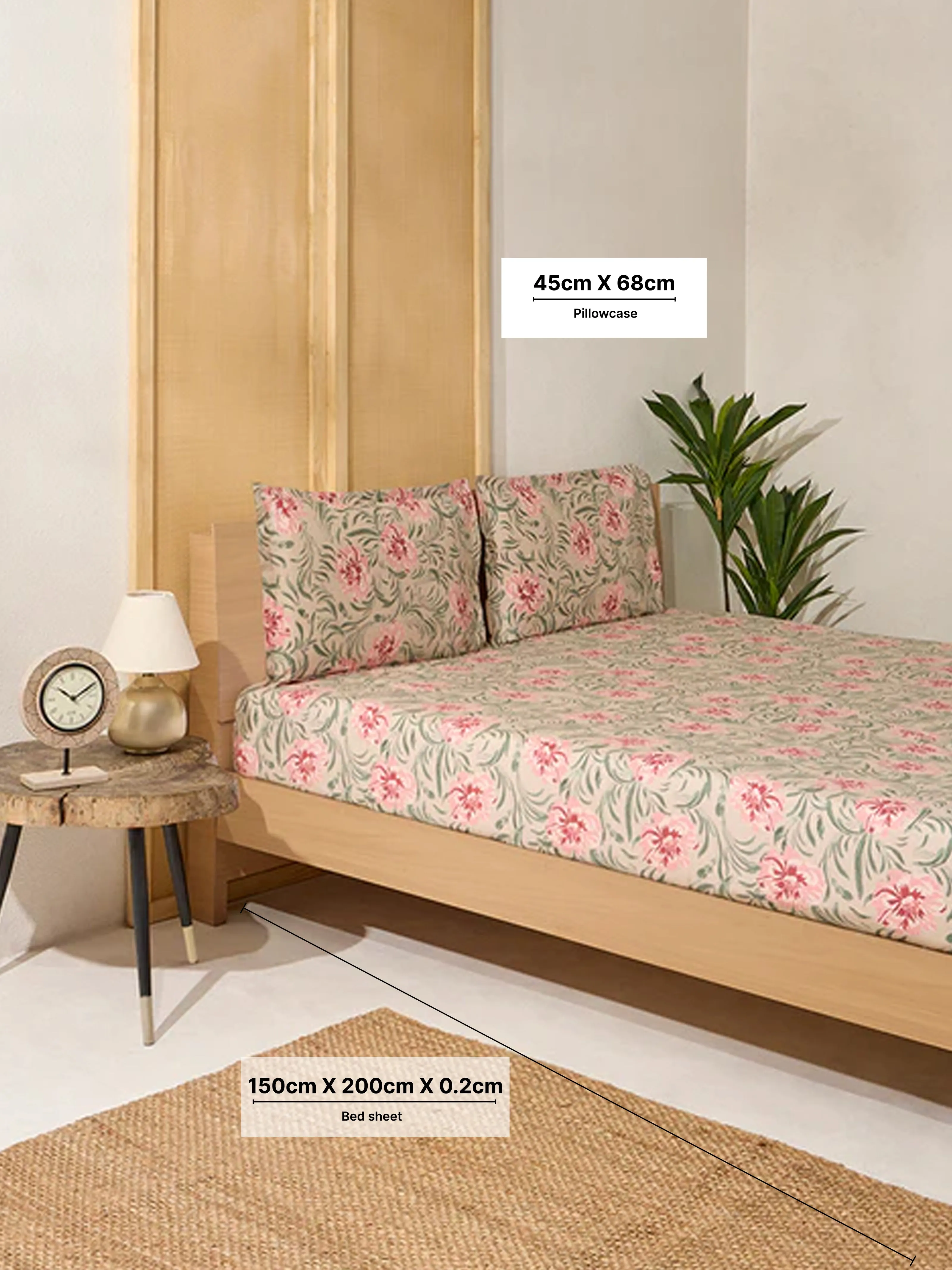 Westside Home Beige Floral Design Queen Bed Fitted Sheet and Pillowcase Set
