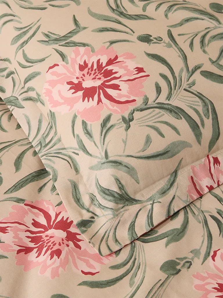 Westside Home Beige Floral Design Queen Bed Fitted Sheet and Pillowcase Set
