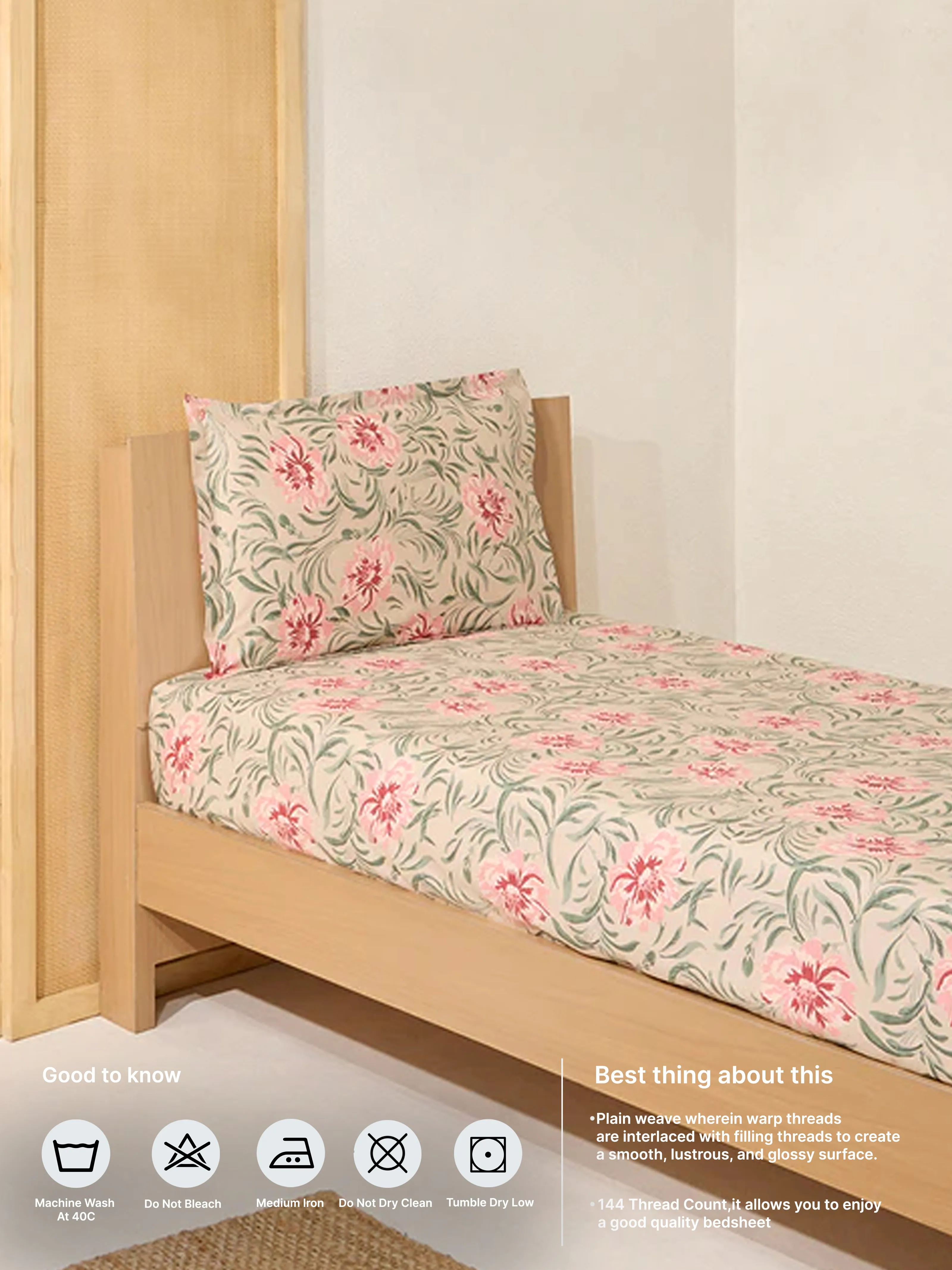 Westside Home Beige Foliage Design Single Bed Fitted Sheet and Pillowcase Set