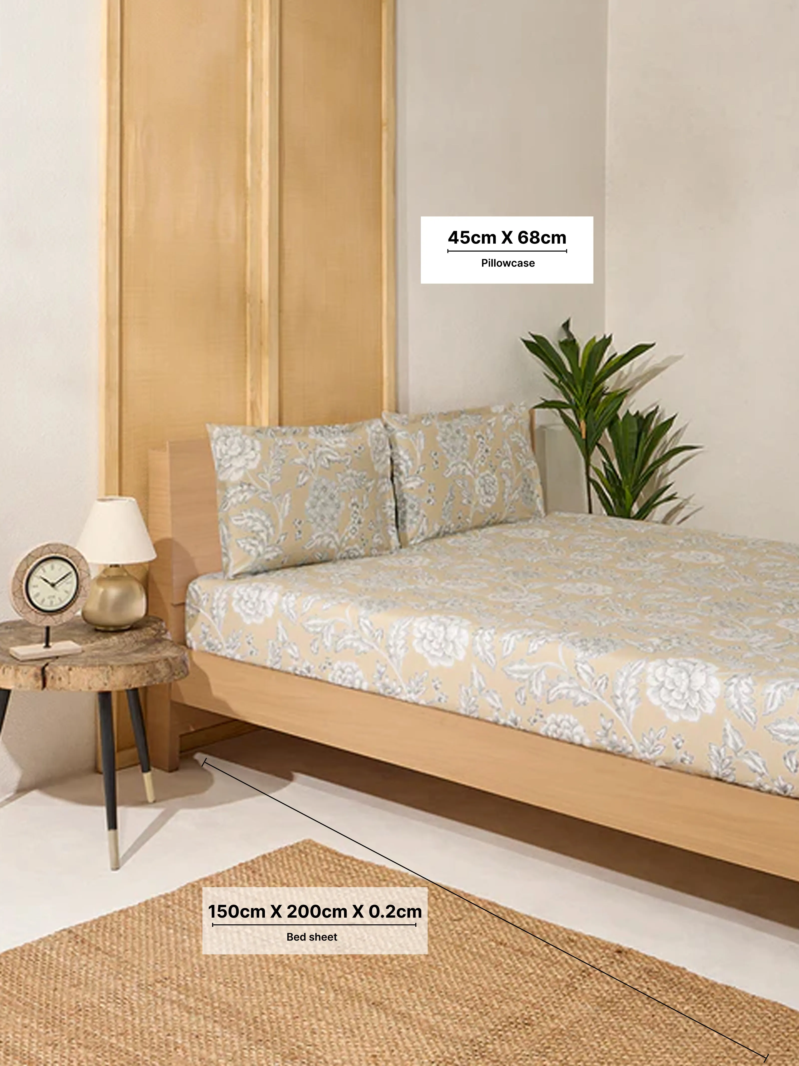 Westside Home Beige Printed Queen Bed Fitted Sheet and Pillowcase Set